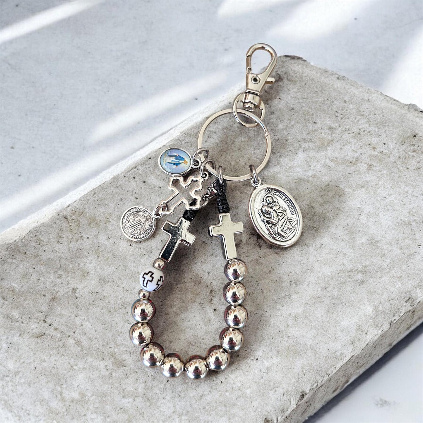 Handmade Detachable Rosary Keychain & Car Charm with Prayer Card - St. Christopher Protection Medal