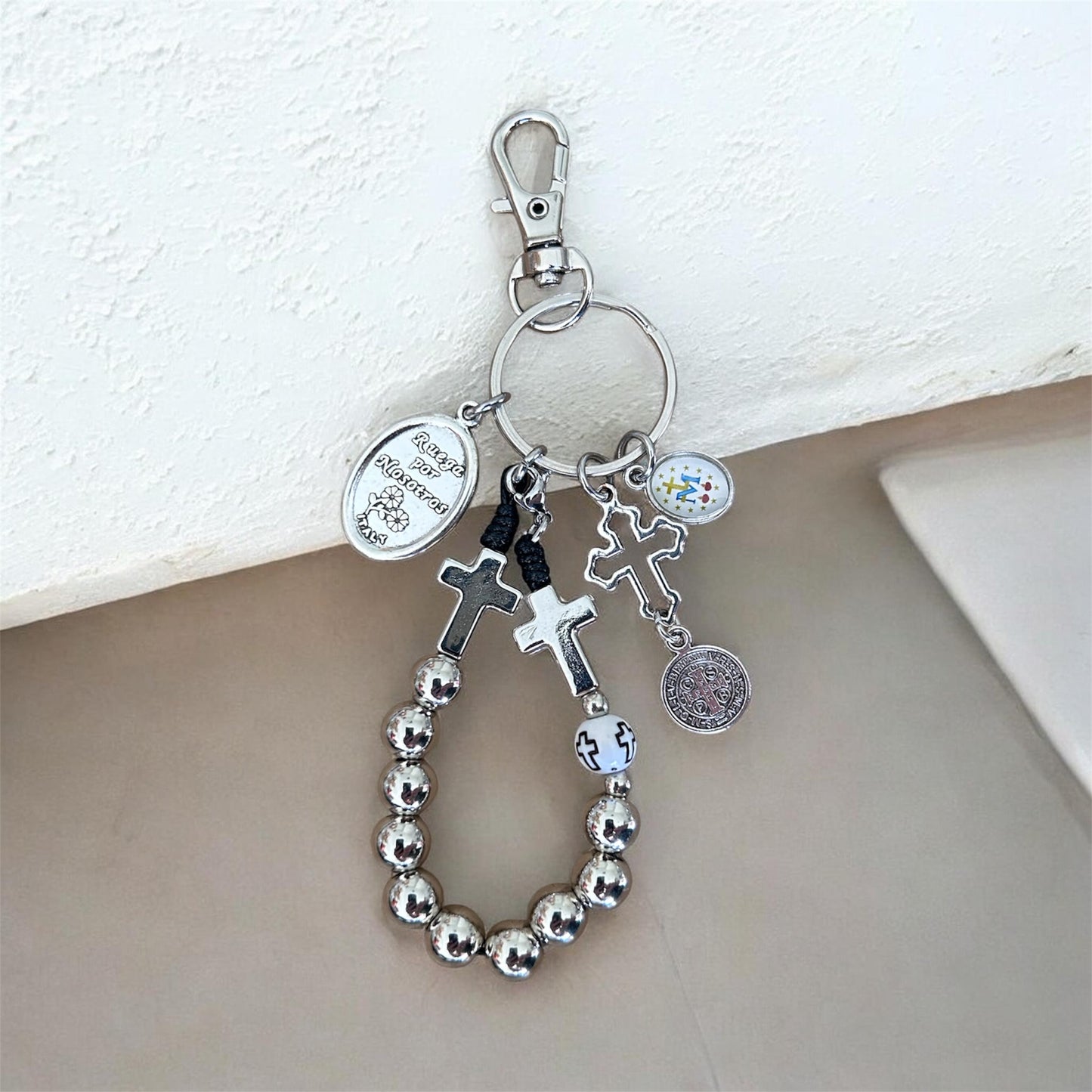 Handmade Detachable Rosary Keychain & Car Charm with Prayer Card - St. Christopher Protection Medal