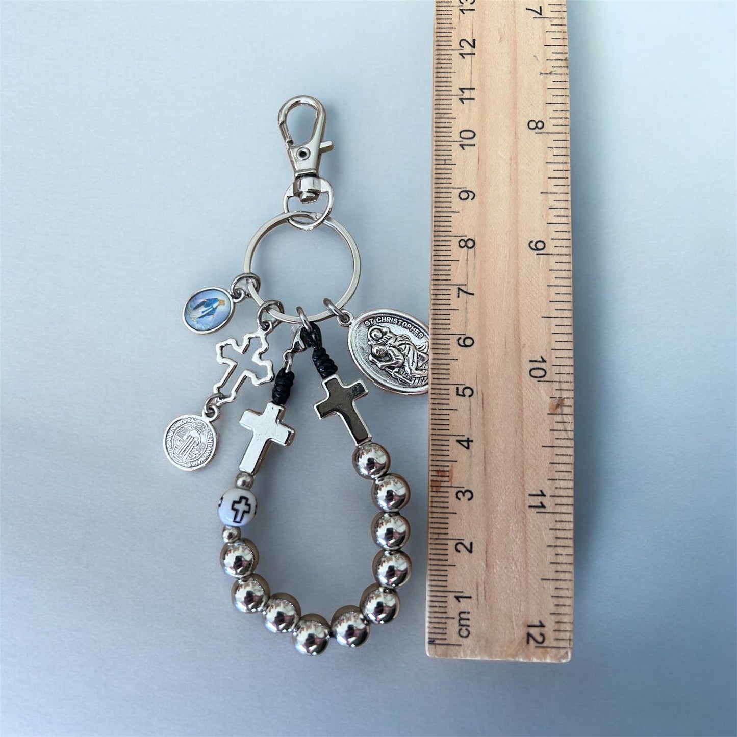 Handmade Detachable Rosary Keychain & Car Charm with Prayer Card - St. Christopher Protection Medal