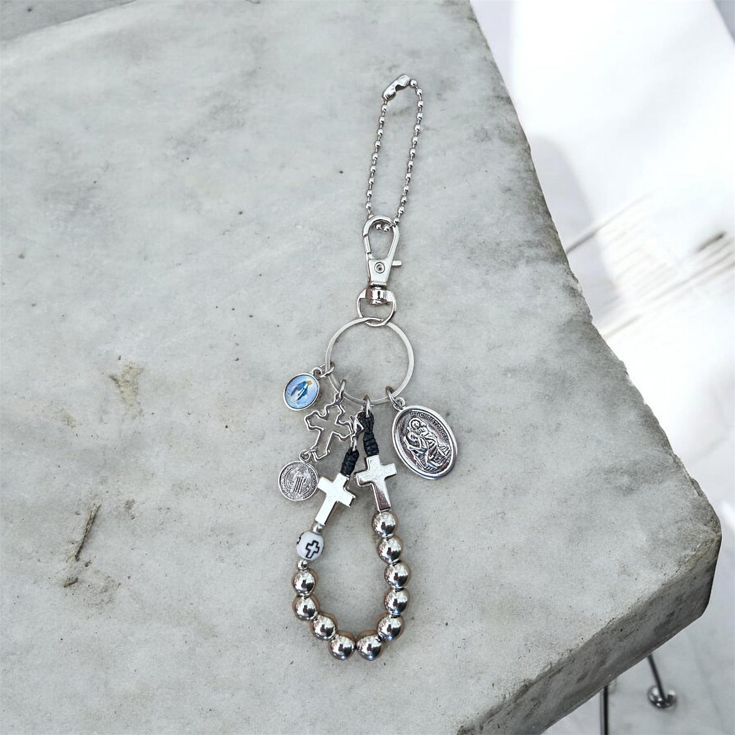 Handmade Detachable Rosary Keychain & Car Charm with Prayer Card - St. Christopher Protection Medal