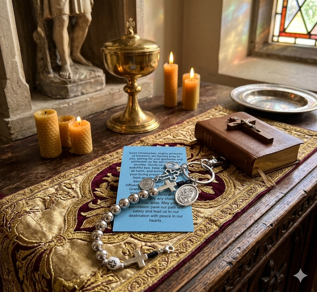 Handmade Detachable Rosary Keychain & Car Charm with Prayer Card - St. Christopher Protection Medal