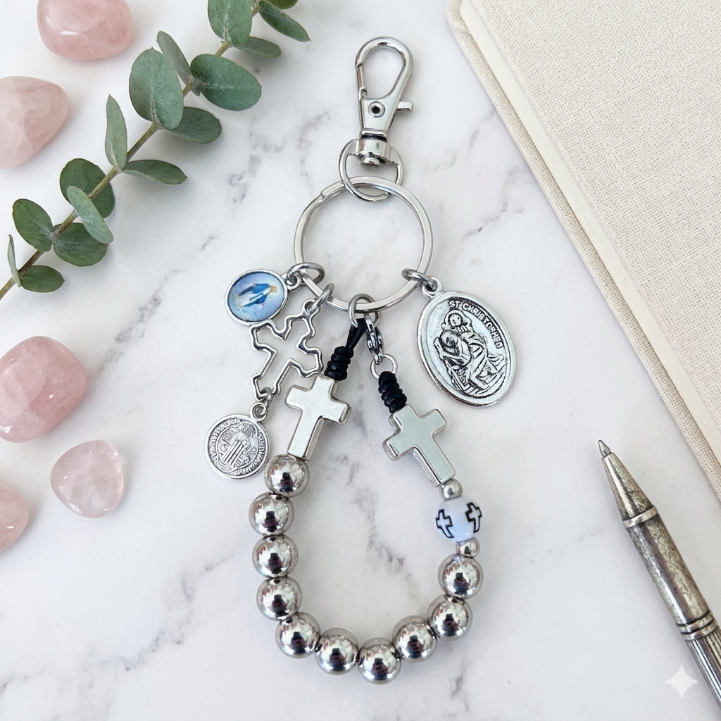 Handmade Detachable Rosary Keychain & Car Charm with Prayer Card - St. Christopher Protection Medal