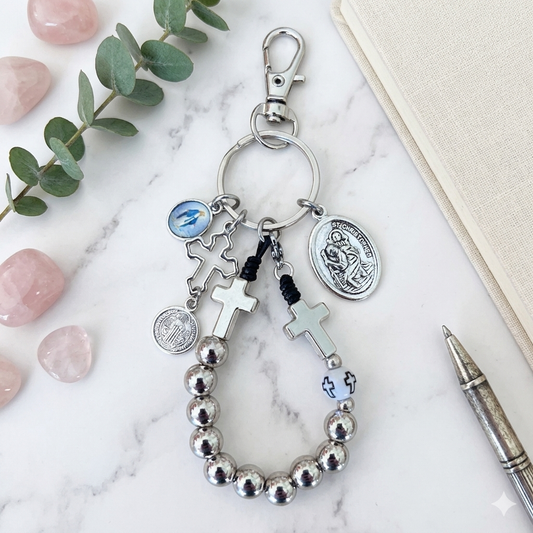 Handmade Detachable Rosary Keychain & Car Charm with Prayer Card - St. Christopher Protection Medal