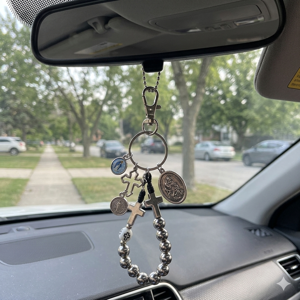 Handmade Detachable Rosary Keychain & Car Charm with Prayer Card - St. Christopher Protection Medal