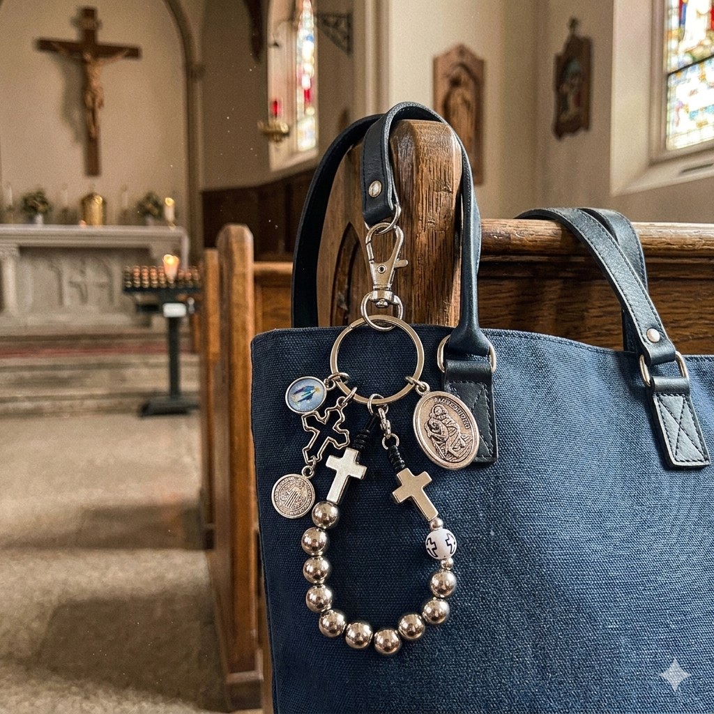 Handmade Detachable Rosary Keychain & Car Charm with Prayer Card - St. Christopher Protection Medal