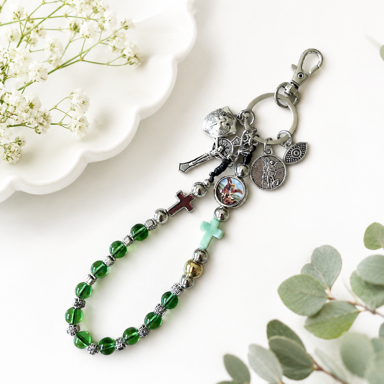 St Michael Archangel Rosary Keychain Green Bead Catholic Charm