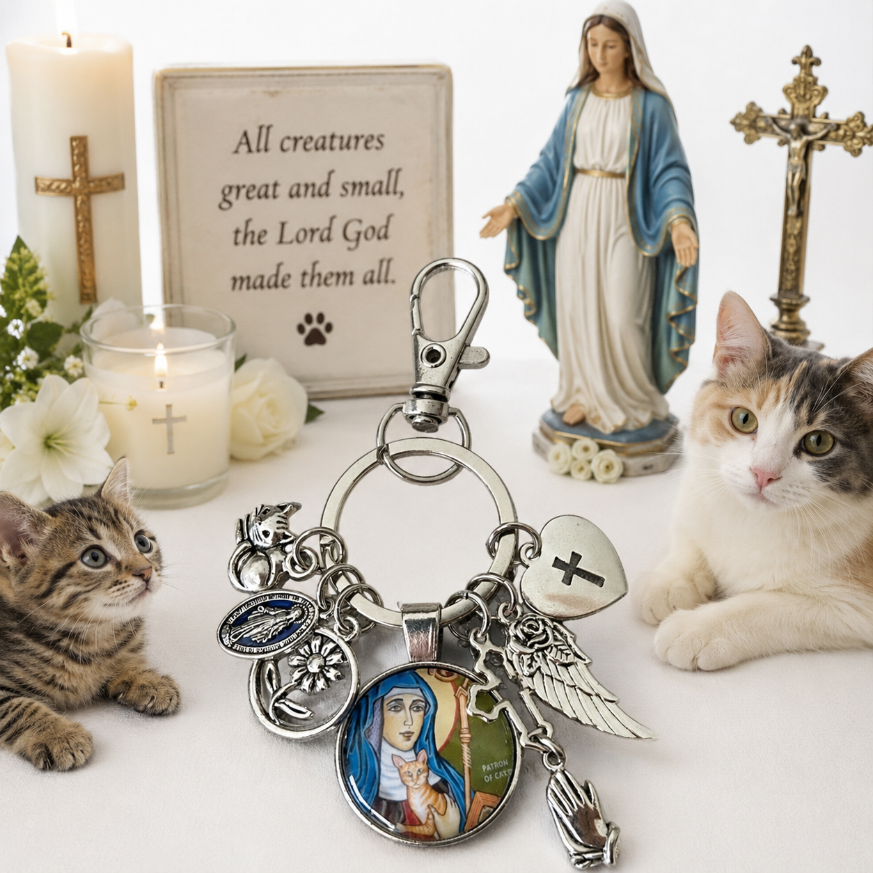 St Gertrude of Nivelles Keychain - Patron Saint of Cats - Religious Charm Bag Hanger & Protection Gift for Cat Lovers